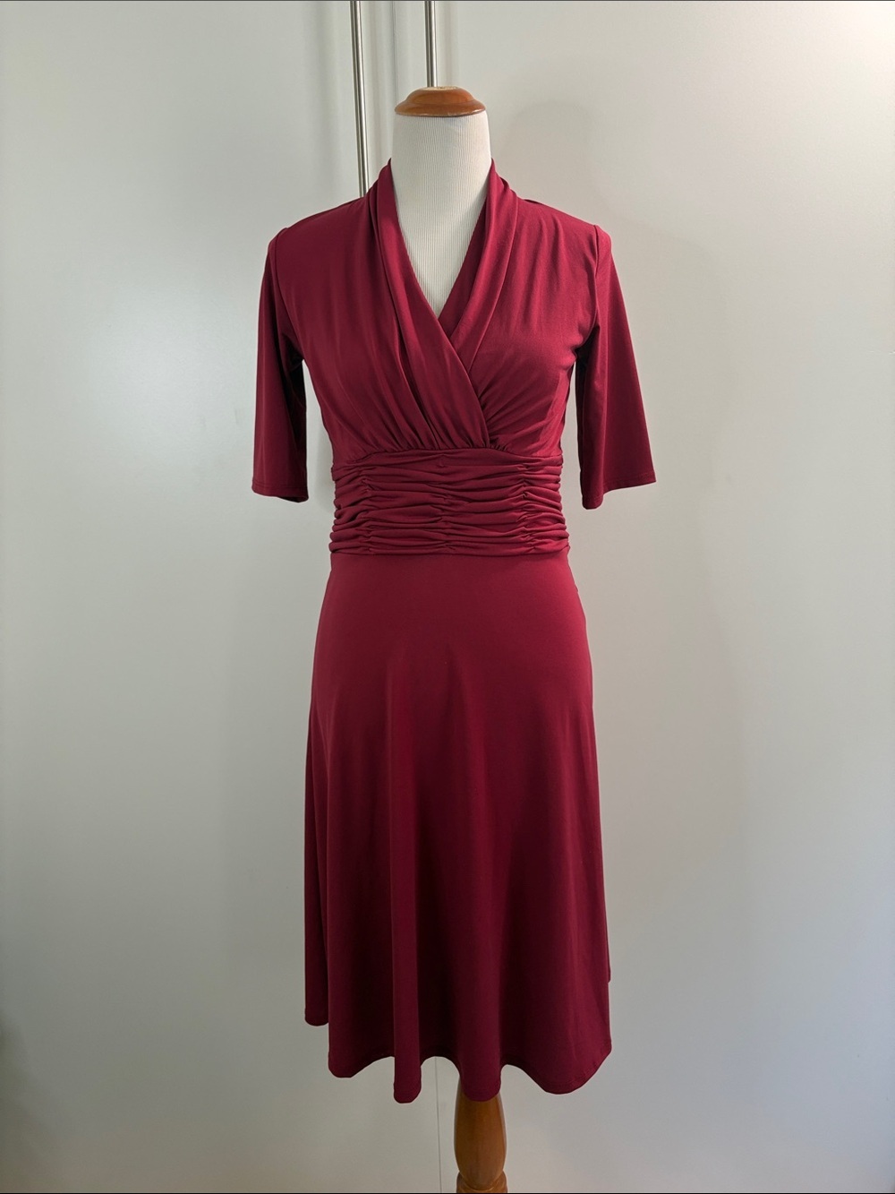 Women's Burgundy Ruched Wrap-Style Dress